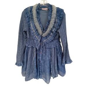 Pretty Angel Ruffle Sequin Linen Tunic Womens Small Blue Fairy Boho Hippie Gypsy